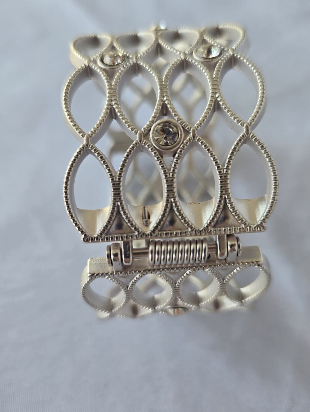 Set of 2 Silver Tone Statement Cuff Bracelets –Rhinestone Openwork & Modern Wide - Picture 6 of 13